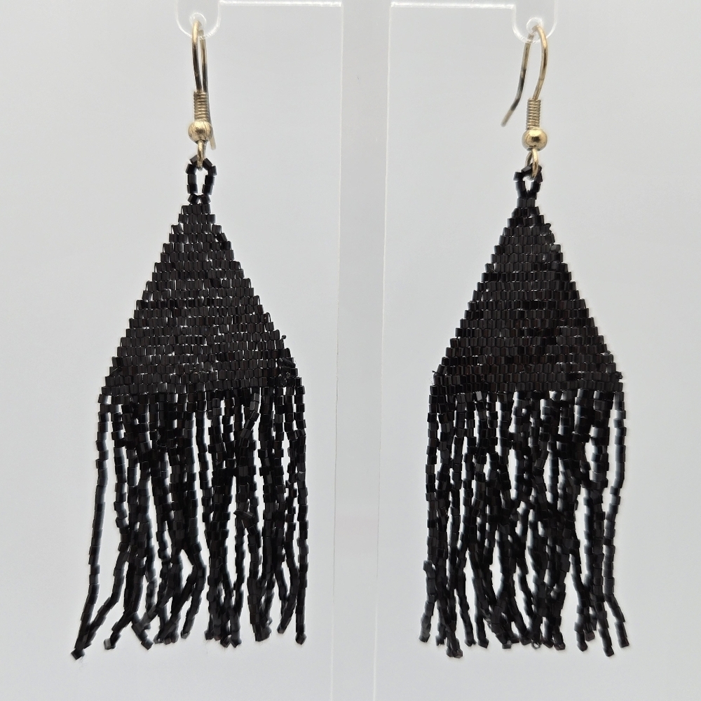 Ink + Alloy Handmade Solid Beaded Earrings Designer Black Tassel Lexie